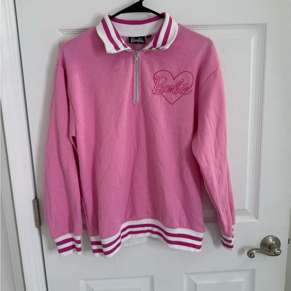 Barbie Women Shirt Pink Embroidered Barbie Quarter Zip Varsity Pullover Medium